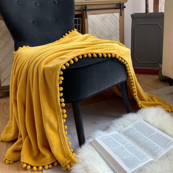 Sunflower Yellow Pompom Fringe Chic Cozy Soft Throw Blanket/Cover - Picture 3 of 16
